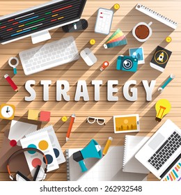 Vector top view of desk prepare working for text STRATEGY. Flat design illustration.