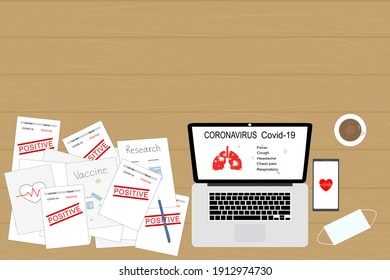 Vektorgrafik - Draufsicht auf den Arzt-Schreibtisch im Krankenhaus. Viele Dokumentenprüfungen Ergebnis positiv Coronavirus (Covid-19), Computer, Handy und Gesichtsmaske. Analyse, Behandlungskonzept. Kopiert Platz.