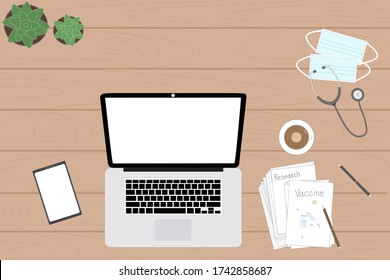Vector - Vista superior de la mesa del médico. Muchos documentos sobre la vacuna, la computadora portátil, la máscara y el estetoscopio. Investigación para pacientes de la pandemia del Coronavirus (Covid-19). Concepto de salud. Copiar espacio.