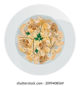 Vector top view of elbow pasta with sauce, cheese, mushrooms, parsley in plate isolated on white background.
