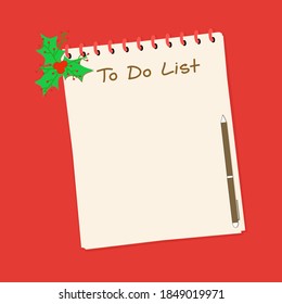 Vector - Top view of empty notebook, pen, green leaves and wording “To Do List” on red table. Planning, Schedule of the year. Business concept. Holiday season. Copy space.