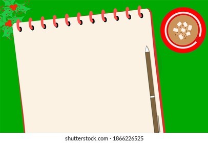 Vector - Top view of empty notebook, pen, green leaves and a cup of coffee on green table. To do list, Planning, Schedule of the year. Business concept. Holiday season. Copy space.