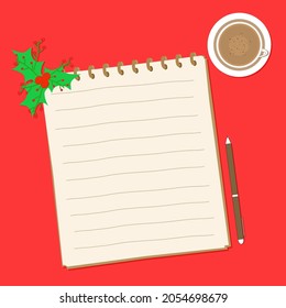 Vector - Top view of empty notebook with pen, green flower and a cup of hot coffee or chocolate on red background. Holiday. Christmas and New year concept. To do list.