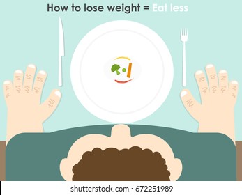 Vector of top view of fat man sitting at table trying to eat tiny vegetables on the white plate to loose weight with wrong idea that "lose weight = eat less".