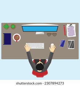 Vector top view flat design of office desk workspace, officer is working front of his computer, comfortable equipment, organize and business concept, editable object copy space for individual text