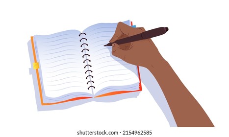 Vector top view flat lay illustration of hand writing in notebook isolated on white background.