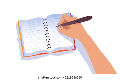 Vector top view flat lay illustration of hand writing in notebook with pencil isolated on white background.