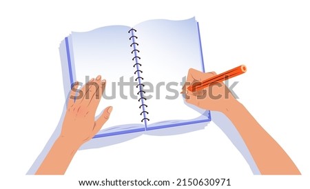 Vector top view flat lay illustration of hands writing in notebook isolated on white background.