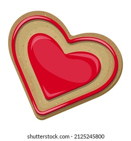 Vector top view of heart shaped cookie covered with red icing isolated on white background.
