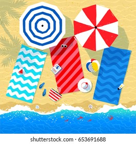 Vector top view illustration of beach summer accessories and sea surf.