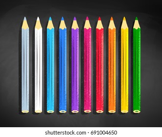 Vector top view illustration of color pencils lying on black chalkboard  background.