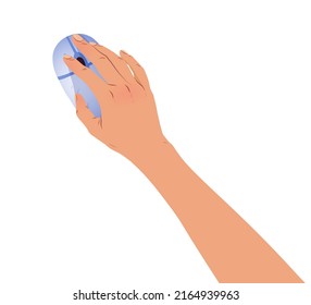 Vector top view illustration of hand with mouse isolated on white background.