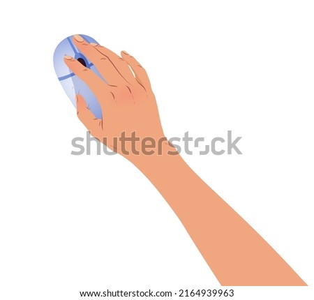 Vector top view illustration of hand with mouse isolated on white background.