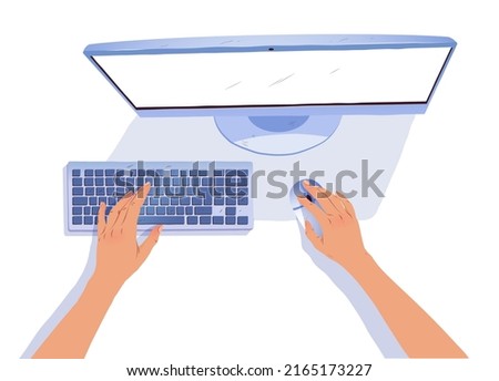 Vector top view illustration of hands working with desktop computer isolated on white background.