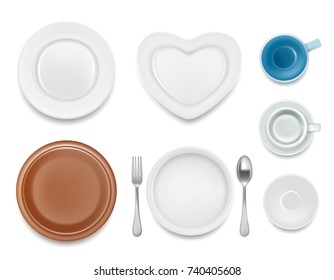 Vector top view illustration of kitchen dishware. Realistic plate set, plate with fork and spoon, saucer with cup.