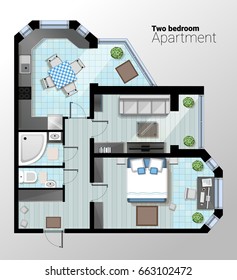 Vector top view illustration of modern two bedroom apartment. Detailed architectural plan of dining room combined with kitchen, bathroom, bedroom. Home interior with comfortable furniture.