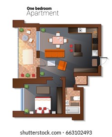 Vector top view illustration of modern one bedroom apartment. Detailed architectural plan of dining room combined with kitchen, bathroom, bedroom. Home interior with comfortable furniture.