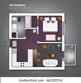 Vector top view illustration of modern one bedroom apartment. Detailed architectural plan of dining room combined with kitchen, bathroom, bedroom. Home interior with comfortable furniture.