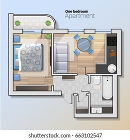 Vector top view illustration of modern one bedroom apartment. Detailed architectural plan of dining room combined with kitchen, bathroom, bedroom. Home interior with comfortable furniture.