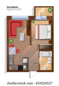 Vector top view illustration of one bedroom apartment with furniture. Modern detailed architectural plan of bedroom, bathroom and kitchen combined with dining room.