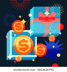 Ilustração da vista superior do vetor da caixa de presente aberta com moedas douradas. Elementos de design geométrico plano para recompensa, jackpot, bônus, economias, sucesso financeiro ou celebração festiva