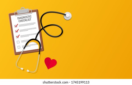 Vector Top-View-Abbildung eines Stethoskops und einer Gesundheits-Checkliste. Geeignet für Bannerdesign-Elemente von Gesundheitskampagnen, routinemäßigen Gesundheitschecks und Wiederaufnahme von Gesundheitstests. Medizinisches Gutachten