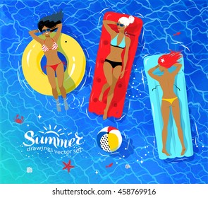 Vector top view illustration of three young women floating on pool raft and rubber ring on sea water.