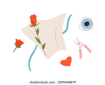 Vector top view illustration of wrapping bouquet of red roses in paper. Florist work. Valentine's day. Florist accessories on an isolated background.