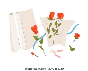 Vector top view illustration of wrapping bouquet of red roses in paper. Florist work. Valentine's day. Florist accessories on an isolated background.