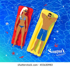 Vector top view illustration of young couple on vacation floating on pool rafts on sea water.