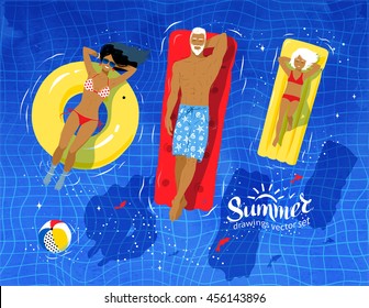 Vector top view illustration of young family on vacation floating on water in swimming pool.