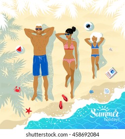 Vector Top View Illustration Of Young Family Sunbathing On Beach Sand Near Sea Surf Under Palm Shadows.