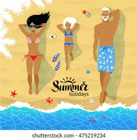 Vector top view illustration of young family sunbathing on beach sand near sea surf.