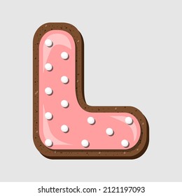 Vector top view L shaped chocolate coral cookie decorated with confectionery cream.