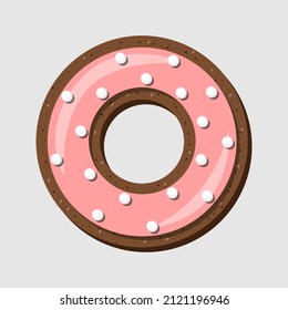 Vector top view of O shaped coral chocolate cookie decorated with confectionery cream.
