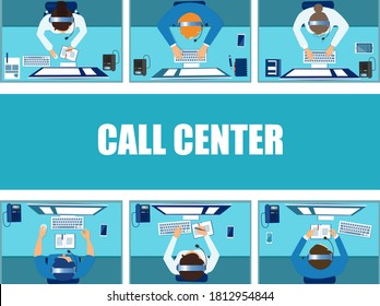 Vector top view of office cubicles with employees in headsets working on computers in a call center operator 