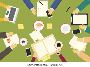 Vector top view on business table with workers hands in flat style, brainstorming process concept illustration.