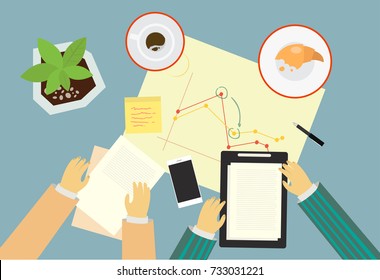 Vector top view on business table with workers hands in flat style, brainstorming process concept illustration. Team analysis of the strategic business plan. Vector documents, folder, paper, schedule.
