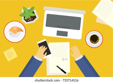 Vector top view on business table with hands of worker in flat style, director signing documents. Director, signing the document on cooperation. A picture of the workflow in the office.