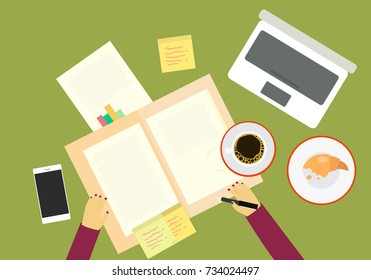 Vector top view on business table with hands of worker in flat style. 
Journalist in the process of editing the article or secretary making the report on the done work.