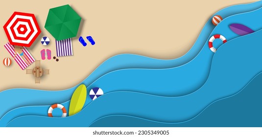 Vector top view paper art style of beach, playing thing seascape, time for travel or vacation summer trip, journey travel and relax concept, editable object and layer, copy space for text and design