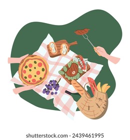 vector top view picnic concept for summer vacation with pizza, steaks, meat, wine, vegetables and fruits laid out on checkered fabric.