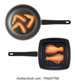 Vector top view realistic illustration of fried chicken drumsticks and wings on frying pans isolated on white background.