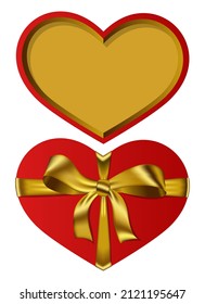 Vector top view red empty heart shaped gift open box with golden ribbon and bow isolated on white.