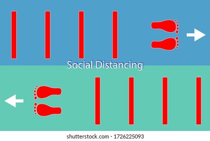 Vector, top view of red foot logo  And red lines  That determines the position of people  To comply with the rules of social distance  To reduce the spread of the Towid-19