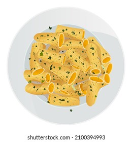 Vector top view of rigatoni pasta with herbs in plate isolated on white background.
