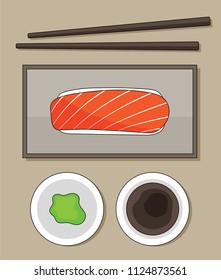 vector top view salmon sushi , wasabi and sauce. japan food.