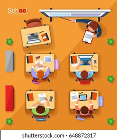 Vector top view school concept illustration. Teacher and school children at the lesson in classroom. Flat style design.