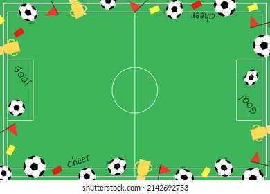 Vector - Top view of stadium for soccer or football. Ball, trophy, yellow and red card, goal. Sport, recreation concept.