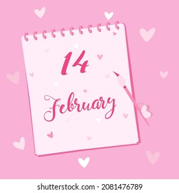 Vector - Top view of sweet notebook with lettering special day “14 February”, paintbrush and mini heart. Happy Valentine’s day. Can be use for card, web.